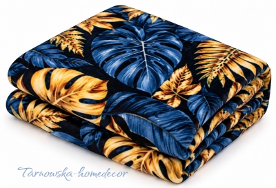 Koc_Polarowy_Narzuta_Monstera_Granatowa_na_Czarnym_250gm²_Miekki