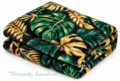 Koc_Polarowy_Narzuta_Monstera_Zielona_na_Czarnym_250gm²_Miekki