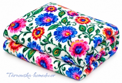 Koc_polarowy_Lowickie_Kwiaty_Bialy_250g_Polar_Home_Collection