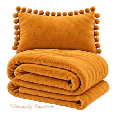 Komplet_Minky_Premium_Koc_+_Poduszka_Pomponiki_Miodowy