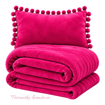 Komplet_Minky_Premium_Koc_+_Poduszka_Pomponiki_kolor_fuksja