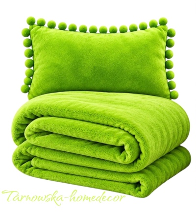 Komplet_Minky_Premium_Koc_+_Poduszka_Pomponiki_Limonkowy