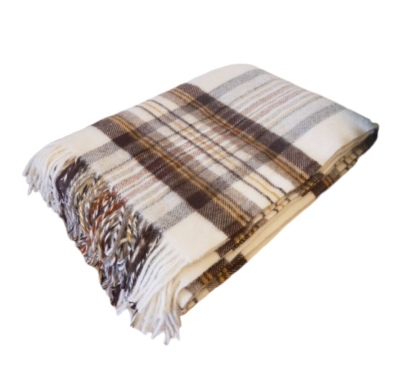 Koc 100% wełna nowozelandzka antyalergiczny 150x200 wzór Tartan brąz