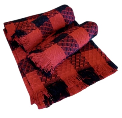 Narzuta na kanapę + 2 fotelówki tkane wzór pepitka krata czerwono-czarna