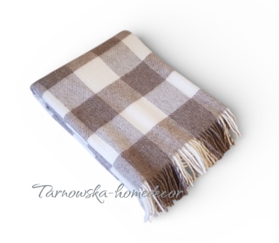 Koc 100% wełna nowozelandzka merynos 400g 150x200 szachownica brąz