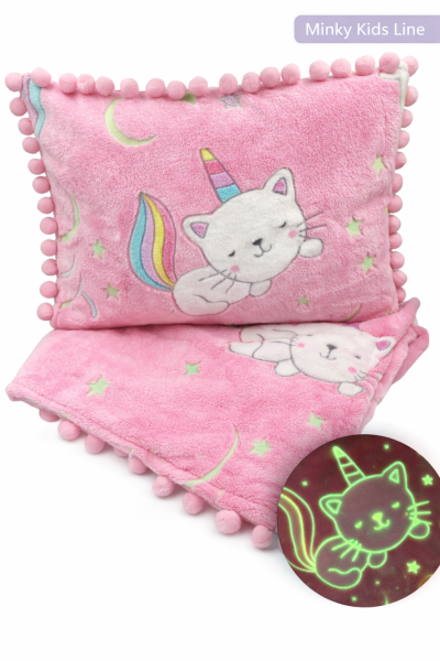 Komplet dziecięcy MINKY Koc + Poduszka tęczowy kotek świecący w ciemności Minky Kids Line
