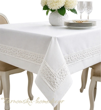 Obrus Flower śmietankowy biały z gipiurą elegancki -  kolekcja Classic Line
